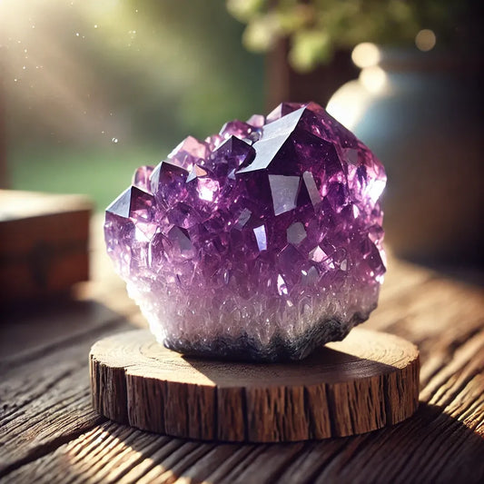 Photographie ultra réaliste d'une améthyste brute violette posée sur une surface en bois, capturant la lumière de façon naturelle
