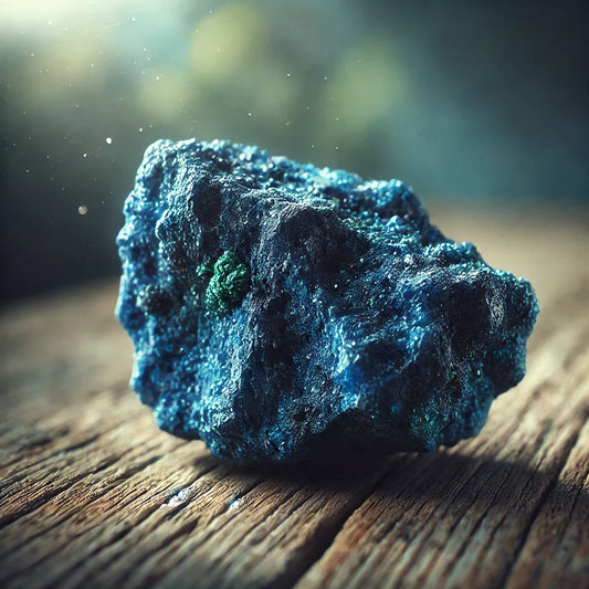Photographie ultra réaliste d’une azurite brute, bleu profond et texturée, posée sur une surface en bois avec des inclusions naturelles et une lumière douce
