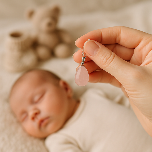 Bijou en quartz rose tenu par une maman, bébé endormi en arrière-plan