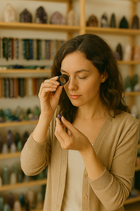 Femme observant attentivement une pierre dans une boutique de lithothérapie à l’aide d’une loupe, entourée d’étagères remplies de cristaux et perles colorées.
