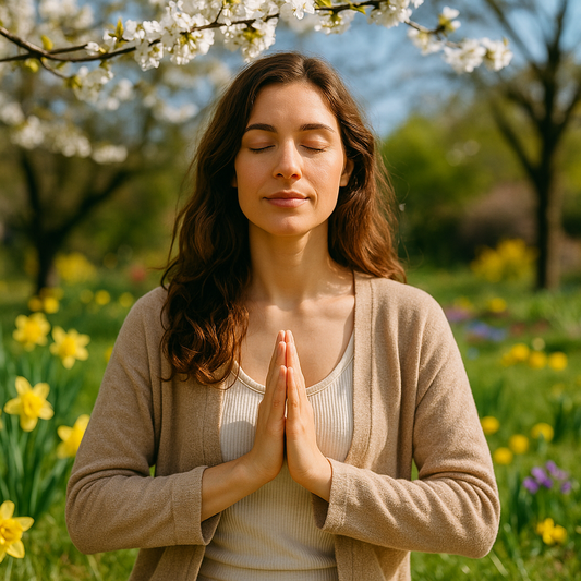 Femme en méditation les mains jointes dans un jardin fleuri pendant l’équinoxe de printemps, entourée de fleurs et d’arbres en fleurs sous une douce lumière naturelle.