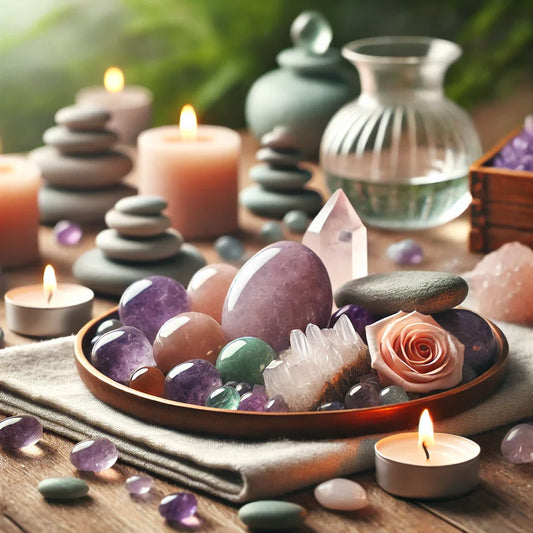 Des pierres naturelles comme l'améthyste, le quartz rose et la howlite, disposées dans une ambiance apaisante avec des bougies et un fond naturel