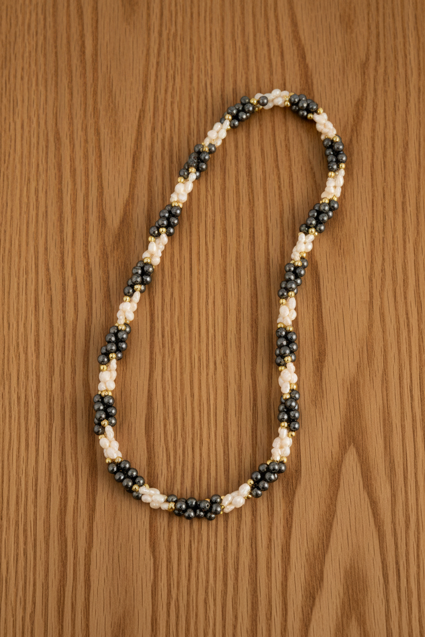 COLLIER PERLE DE BIWA ET HÉMATITE