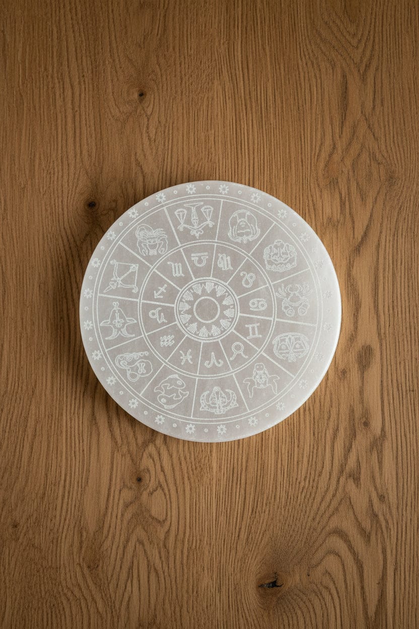 ROND GRAVÉ ZODIAQUE EN SÉLÉNITE BLANCHE