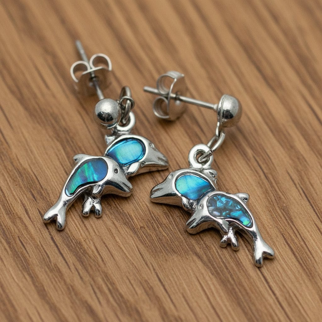 BOUCLES D'OREILLE NACRE BLEUE DOUBLE DAUPHINS
