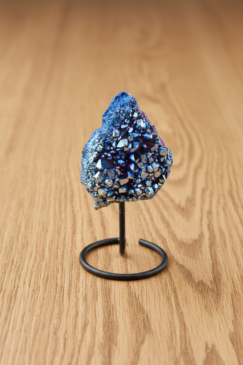 DRUZE D’AMÉTHYSTE QUARTZ AURA BLEUE SUR PRÉSENTOIR