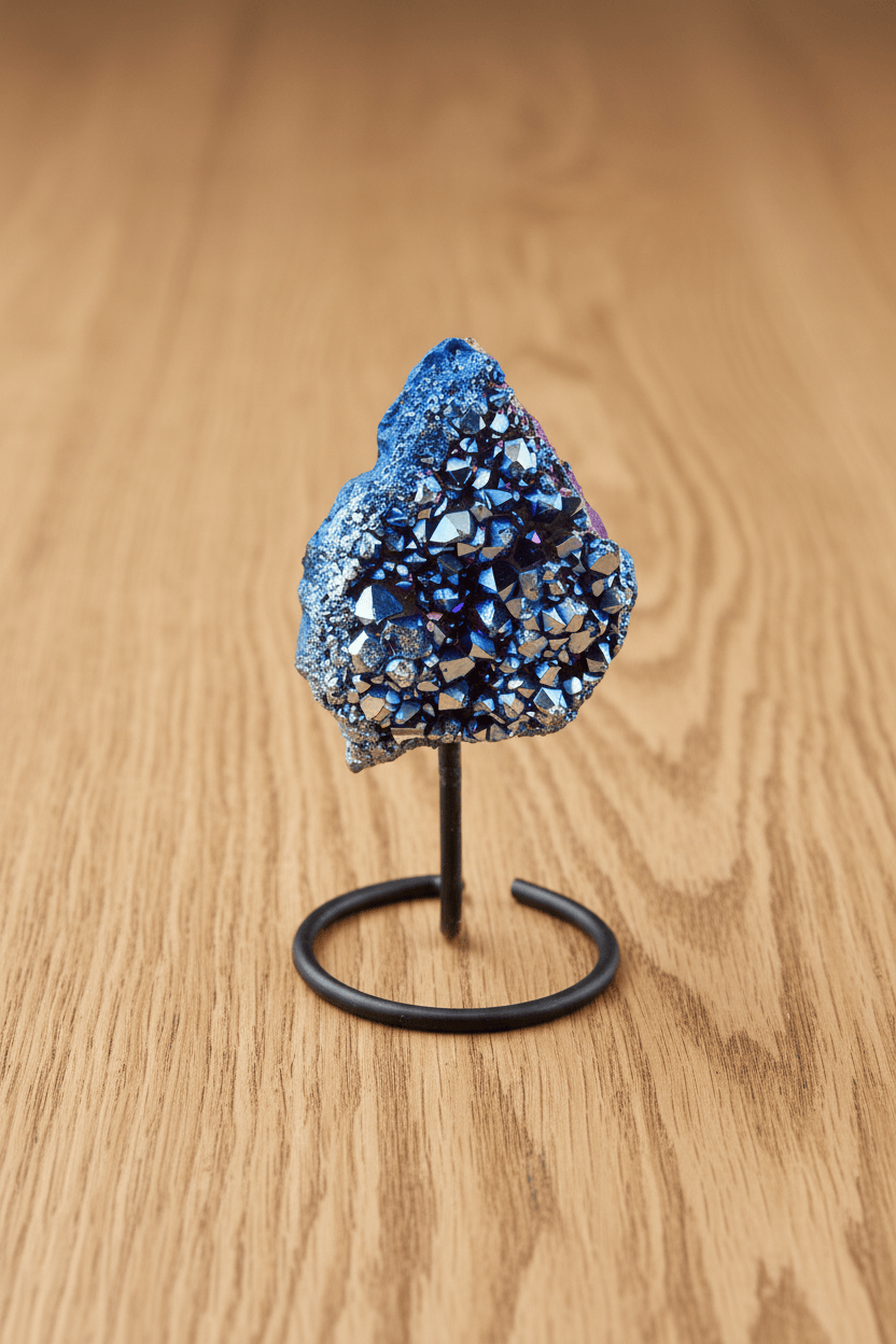 DRUZE D'AMÉTHYSTE QUARTZ AURA BLEUE SUR PRÉSENTOIR