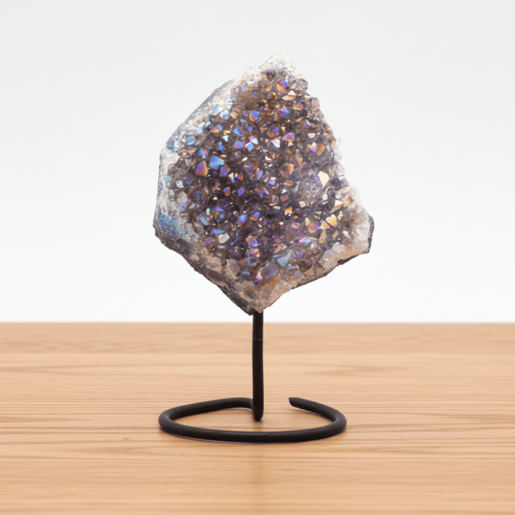 DRUZE D'AMÉTHYSTE QUARTZ AURA PERLÉE SUR PRÉSENTOIR