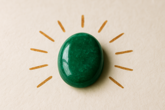 Photographie d’une pierre naturelle verte polie en forme ovale, posée sur un fond crème avec des rayons dorés stylisés autour d’elle, évoquant une énergie rayonnante.
