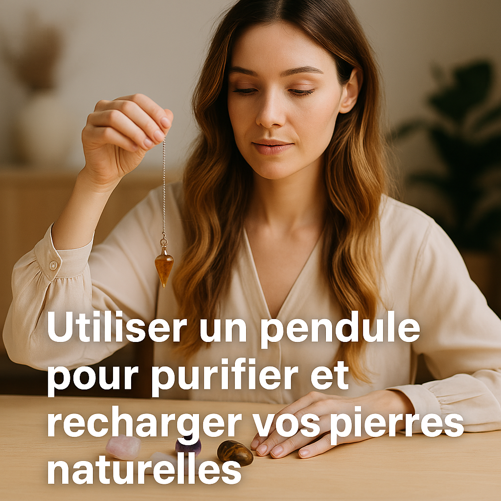 Femme purifiant des pierres naturelles avec un pendule dans un cadre zen, pratique de la lithothérapie à la maison