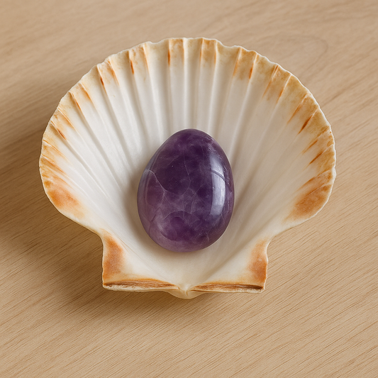 Pierre naturelle d’améthyste déposée dans une coquille Saint-Jacques vide et propre, utilisée pour la purification et le rechargement en lithothérapie