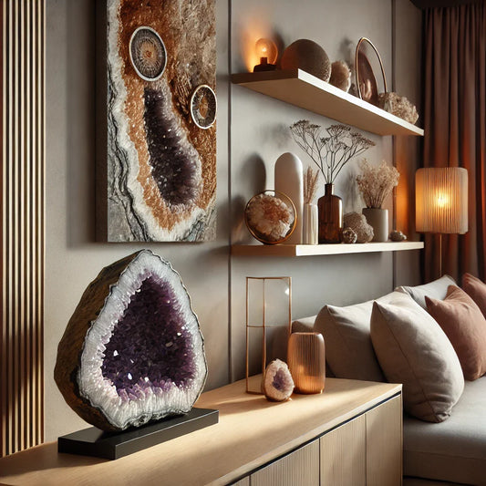 Un intérieur moderne décoré avec des pierres naturelles et cristaux, mettant en valeur une géode d'améthyste sur une étagère en bois élégant
