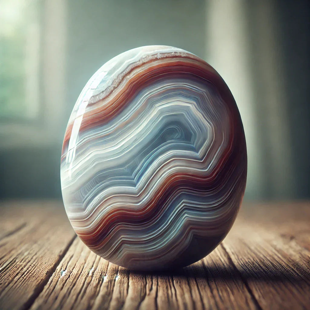 Photographie ultra réaliste d’une agate polie aux bandes naturelles multicolores, posée sur une surface en bois avec un effet doux et élégant