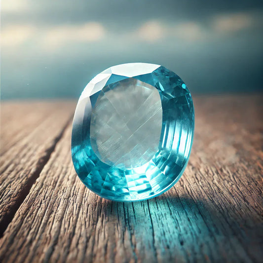 Photographie ultra réaliste d’une aigue-marine polie, translucide et bleu clair, posée sur une surface en bois avec un éclairage naturel apaisant