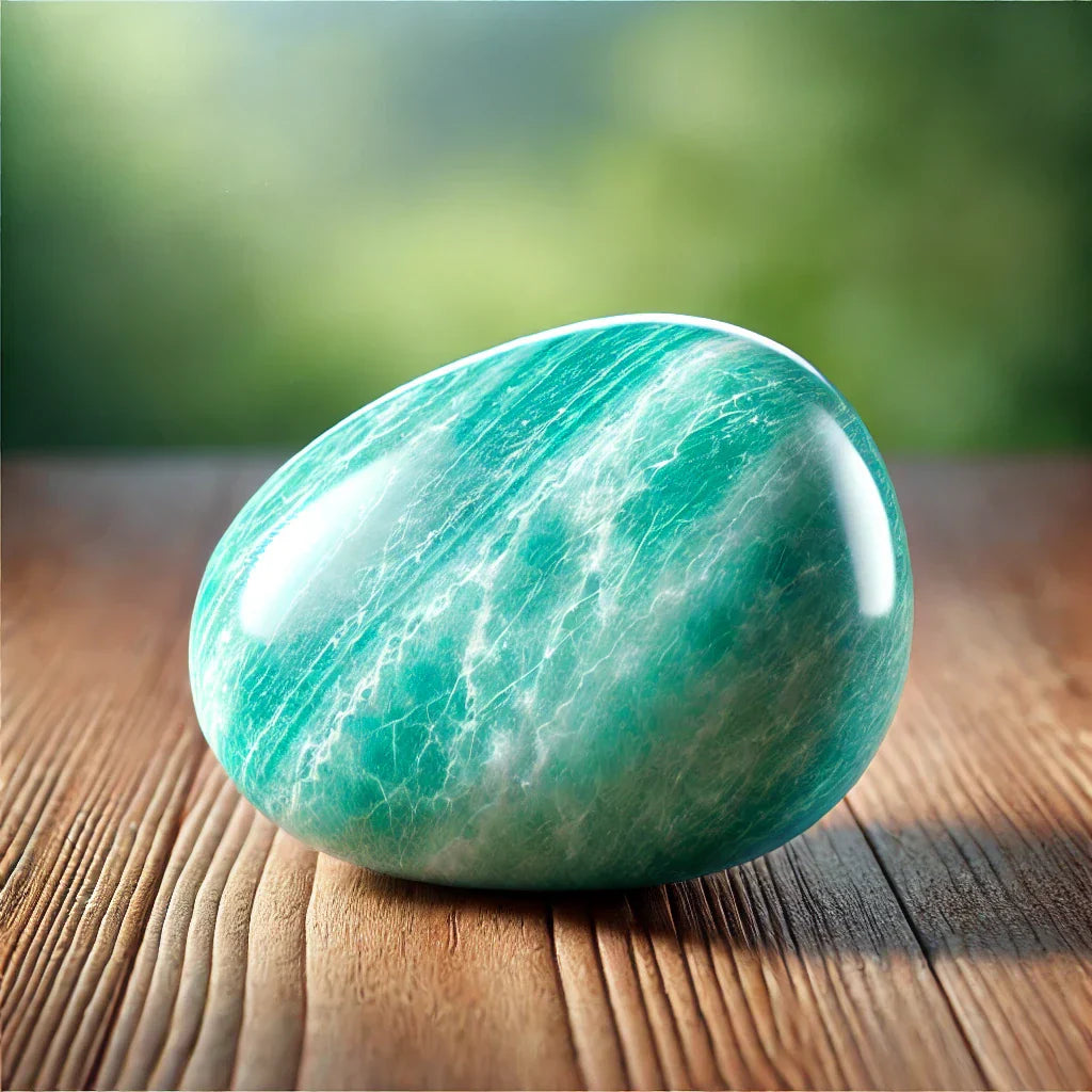 Photographie ultra réaliste d’une amazonite polie, aux teintes turquoise-vertes et marbrures blanches, posée sur une surface en bois avec une lumière douce
