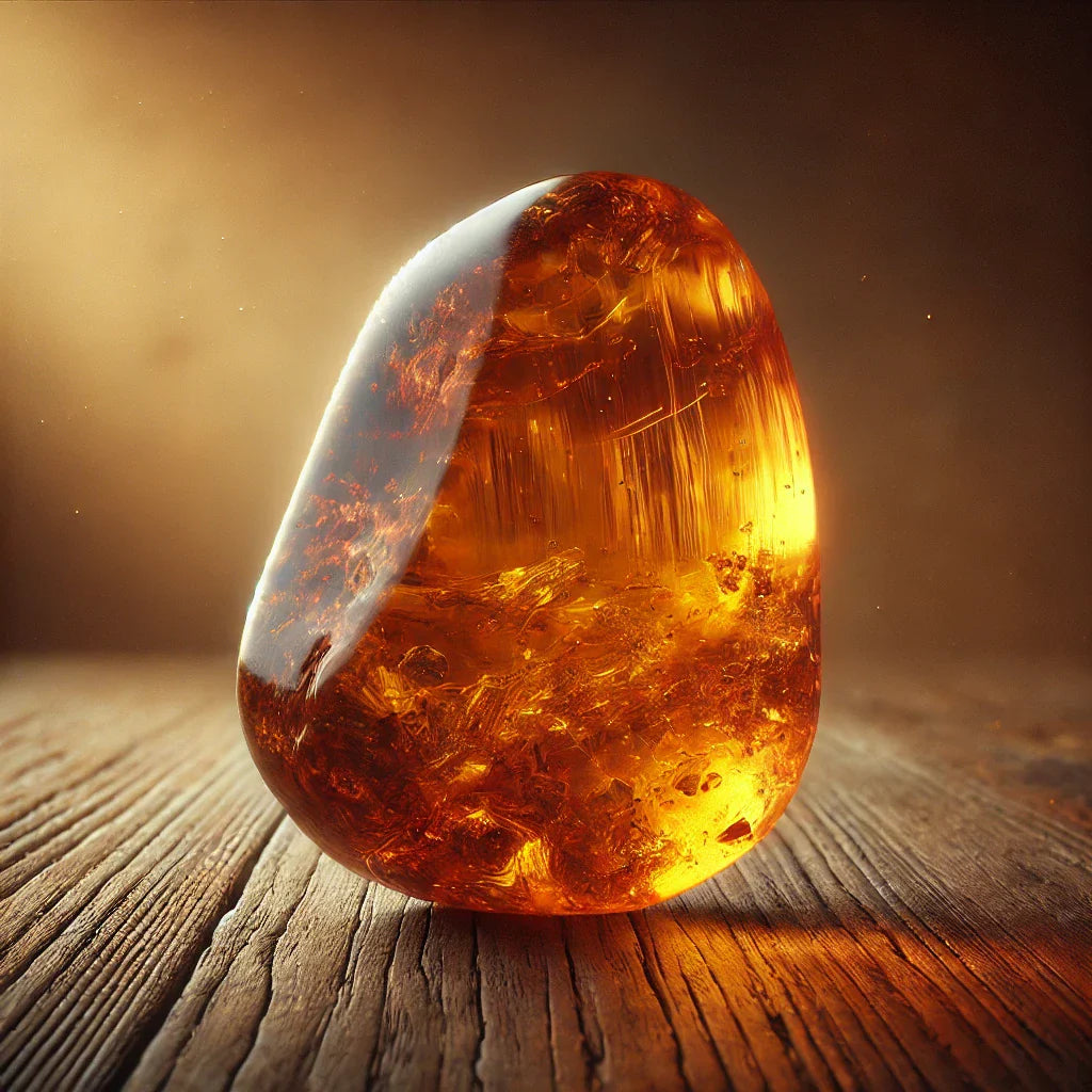 Photographie ultra réaliste d’un ambre poli aux teintes dorées et translucides, posé sur une surface en bois avec des inclusions naturelles visibles