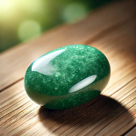 Photographie ultra réaliste d’une aventurine polie vert vif, aux inclusions scintillantes, posée sur une surface en bois avec un éclairage doux