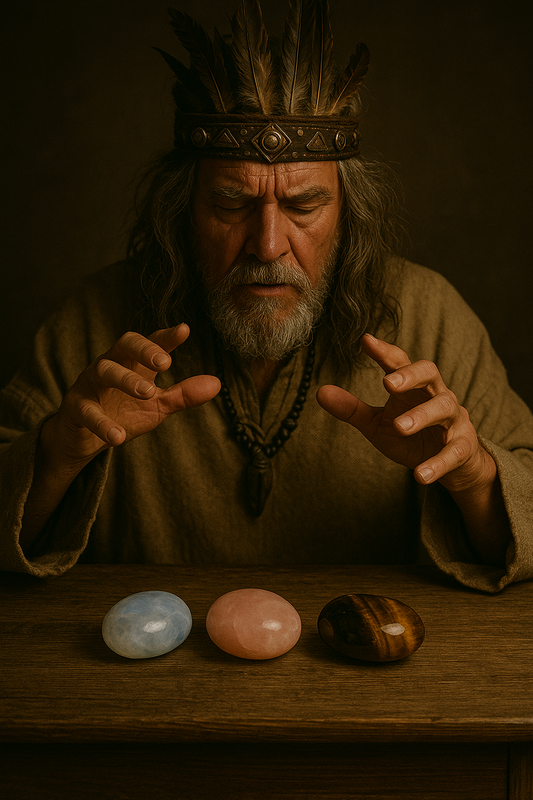 Chaman réalisant des incantations sur trois pierres naturelles sur une table