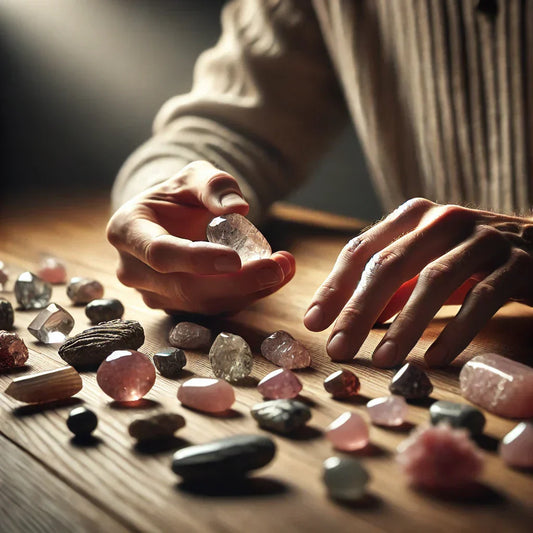 Photographie ultra-réaliste d'une personne sélectionnant une pierre naturelle parmi une collection variée sur une table en bois, mettant en valeur les textures et couleurs des gemmes sous un éclairage doux