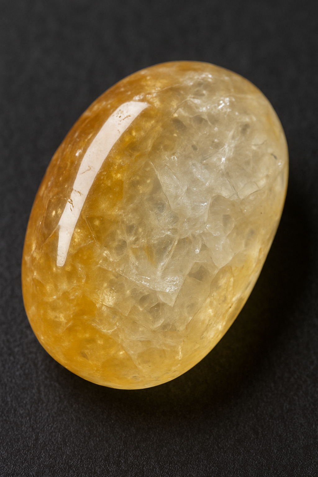 Photo réaliste d’une pierre naturelle citrine jaune polie sur fond noir.