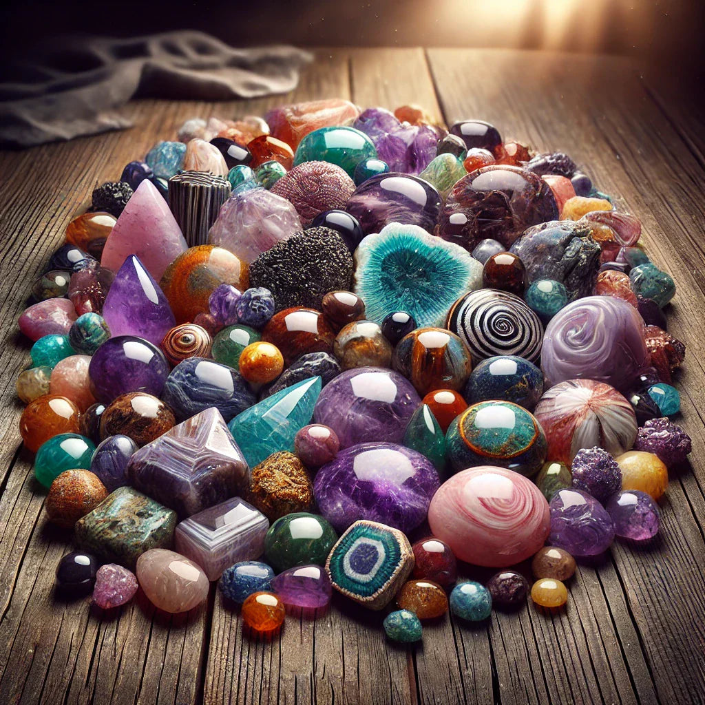 Photographie ultra réaliste d’une collection de pierres naturelles aux couleurs vibrantes, disposées sur une surface en bois avec un éclairage doux