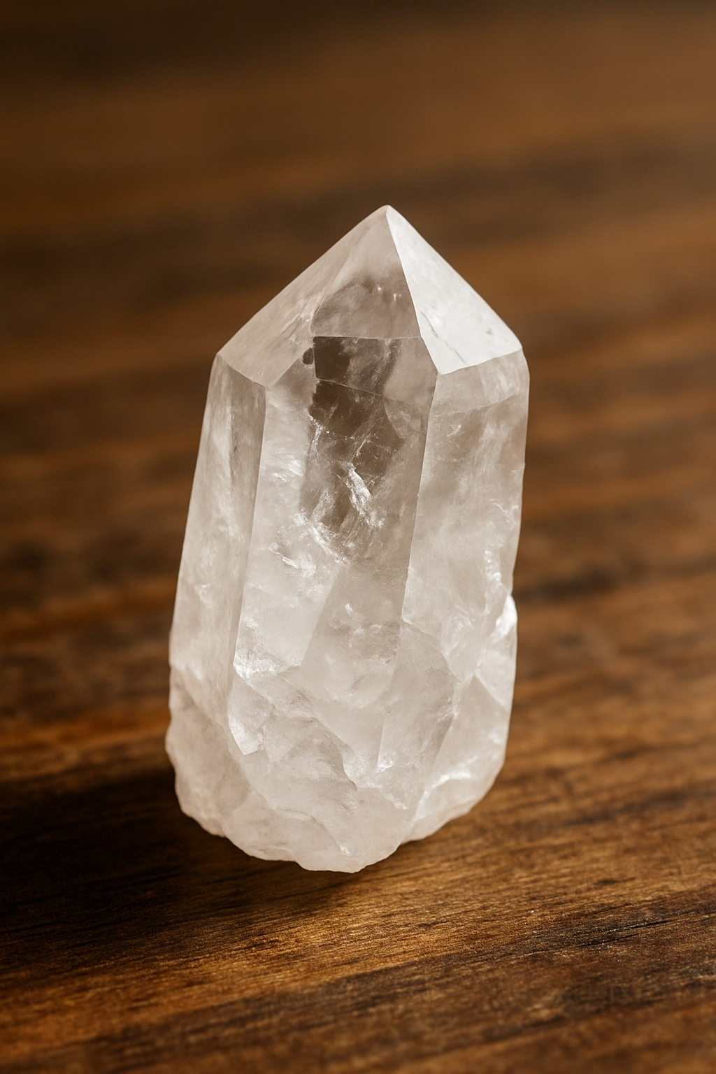 Photo réaliste d’un cristal de roche naturel sur fond noir, avec détails nets et éclats lumineux.