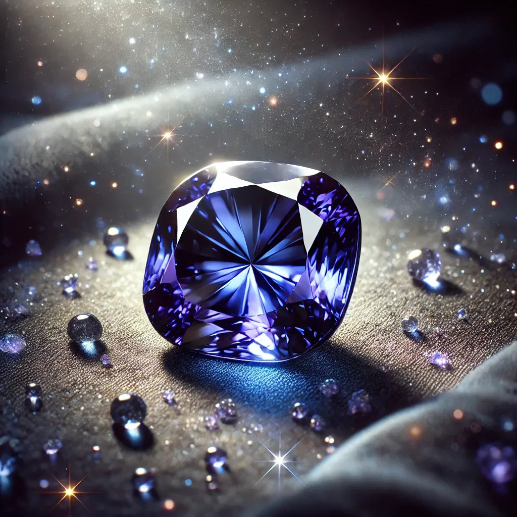 Tanzanite étincelante sur fond de velours noir avec une ambiance magique et mystérieuse, idéale pour découvrir ses propriétés lithothérapeutiques