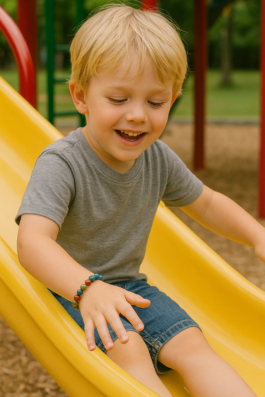 Enfant jouant au toboggan dans un parc portant un bracelet en pierres naturelles