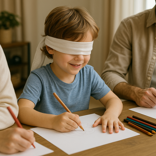 Enfant les yeux bandés réalisant un dessin en famille, entouré de crayons de couleur et de proches dans une ambiance ludique et bienveillante.