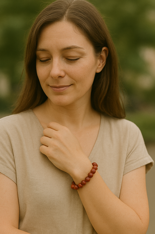 Femme portant un bracelet rouge en pierre naturelle au poignet
