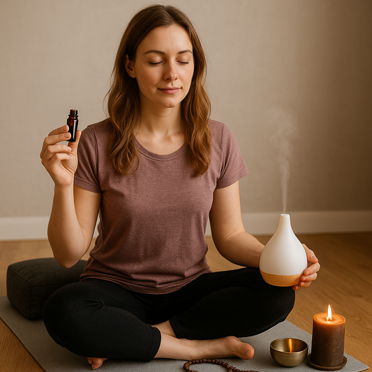 Femme en méditation utilisant une huile essentielle avec un diffuseur, entourée d’accessoires zen comme une bougie et un bol chantant, dans une ambiance propice à la relaxation et au bien-être.