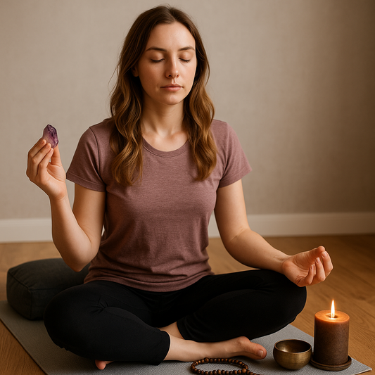 Femme en méditation tenant une améthyste, entourée d’accessoires spirituels comme une bougie, un bol chantant et un mala, dans une ambiance zen propice au recentrage intérieur