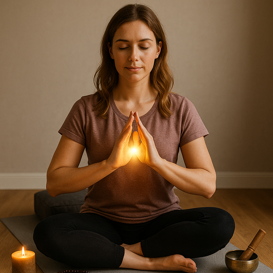 Femme en méditation concentrée, activant sa force vitale entre ses mains dans une ambiance sereine avec bougie, bol chantant et accessoires spirituels.