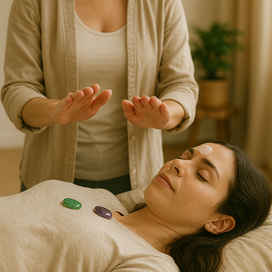 Femme allongée recevant une séance de magnétisme avec des pierres naturelles posées sur les chakras, dans une ambiance zen et thérapeutique