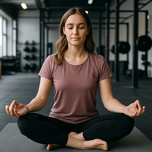 Femme en posture du lotus pendant une séance de yoga dans une salle de sport moderne, assise sur un tapis, les yeux fermés en pleine méditation
