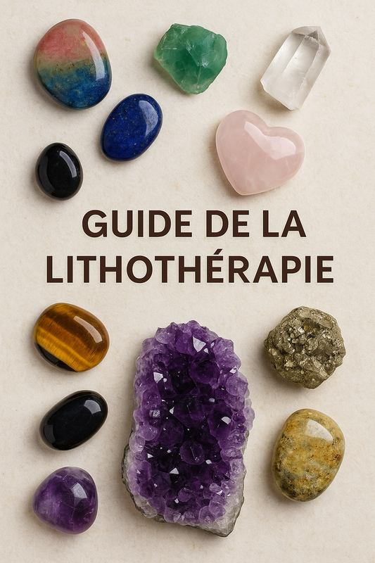 Couverture d'un guide sur la lithothérapie avec des pierres naturelles disposées autour du titre, incluant quartz rose, améthyste, œil-de-tigre et aventurine verte.