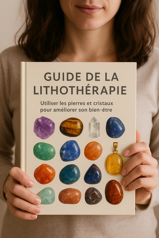 Photographie d'une femme tenant un guide de la lithothérapie en français, illustré de pierres naturelles aux couleurs vives