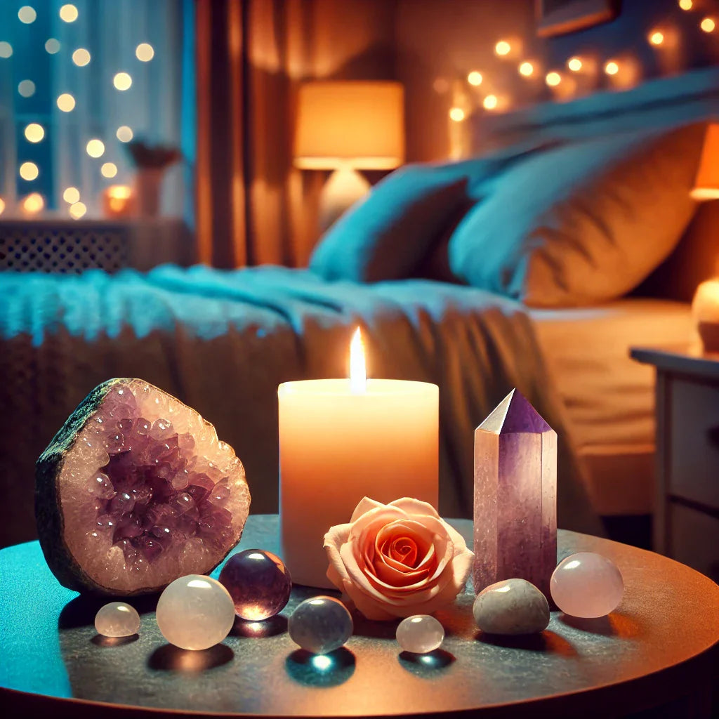 Collection de pierres naturelles comme l'améthyste, le quartz rose et la sélénite sur une table de chevet éclairée par une bougie