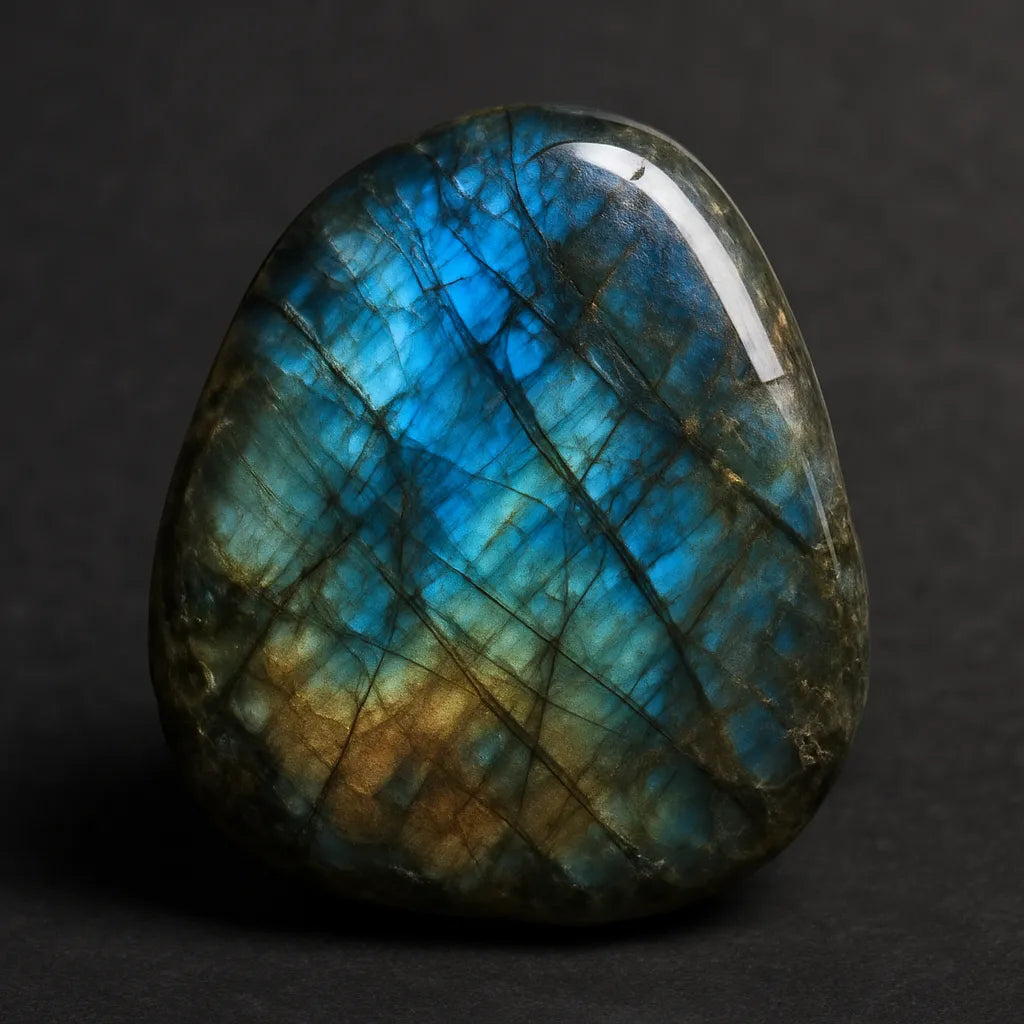 Photo réaliste d'une labradorite polie aux reflets bleus et dorés, sur fond sombre.
