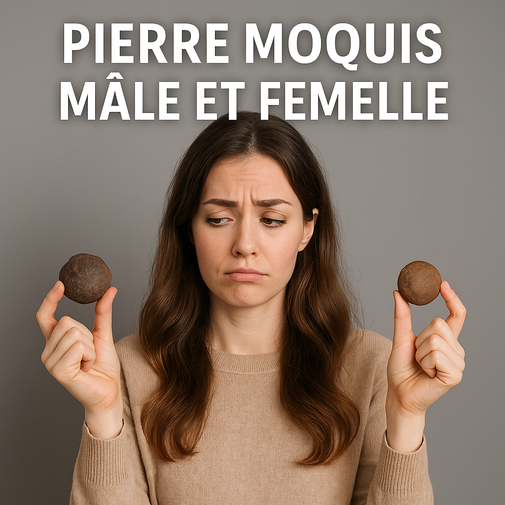 femme hesite entre la pierre moquis male et femme en tenant chaque pierre dans chaque main