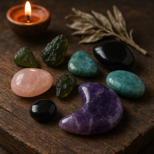 Collection de pierres ésotériques naturelles incluant améthyste, quartz rose, tourmaline noire et moldavite, posées sur une table en bois avec une bougie et de la sauge.