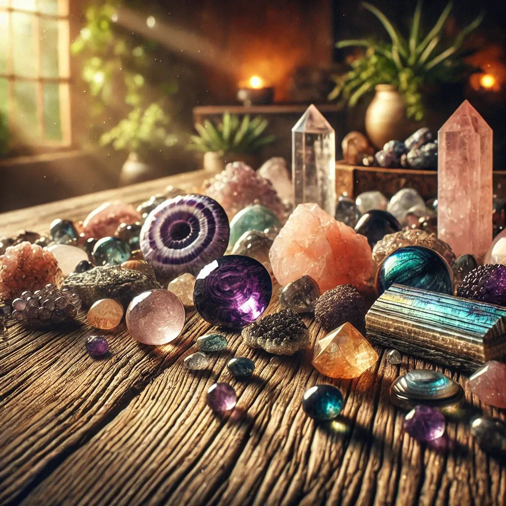 Photographie réaliste de pierres naturelles sur table rustique – améthyste, quartz rose, citrine et labradorite – pour achat en ligne de minéraux.