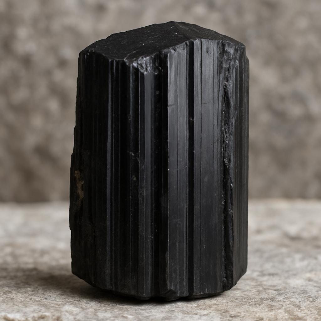 Photo réaliste d'une tourmaline noire brute sur fond minéral