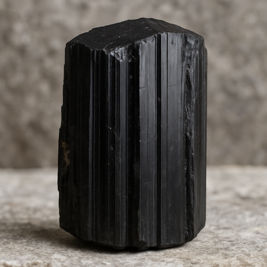 Photo réaliste d'une tourmaline noire brute sur fond minéral