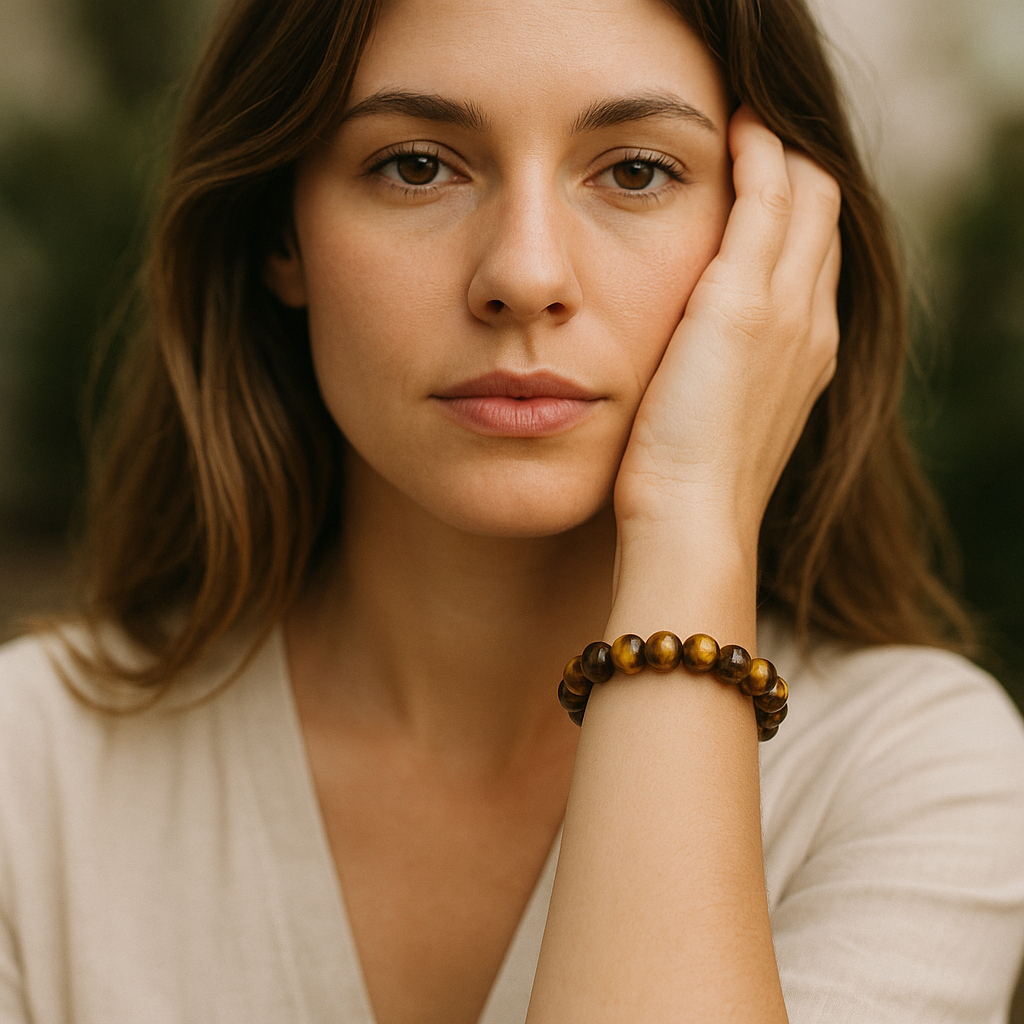 Portrait d’une femme portant un bracelet en pierre naturelle œil de tigre, bijou de protection et style bohème chic