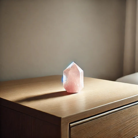 Pierre de quartz rose sur une table de chevet en bois, baignée par une lumière tamisée et douce.