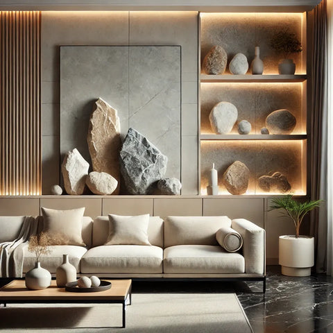 Salon moderne avec pierres naturelles sur étagère minimaliste, décor raffiné et éclairage doux