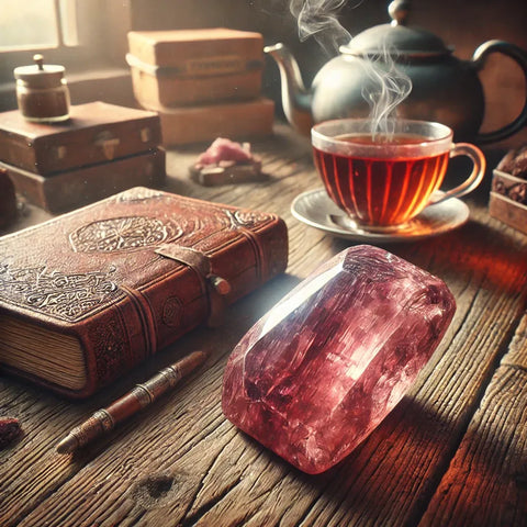 Rhodonite polie sur une table en bois avec un journal intime en cuir et une tasse de thé fumante,